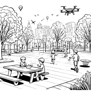Drohne über dem fröhlichen Stadtpark Ausmalmotiv für kleine Technikfans