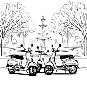 Charmante Mopeds vor einem spritzenden Brunnen Ausmalmotiv für abenteuerlustige Künstler