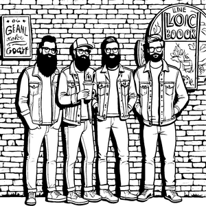 Stylische Hipster-Crew vor urbaner Wand Ausmalbild für trendbewusste Künstler