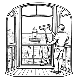 Fensterputzer mit strahlendem Ausblick Ausmalmotiv für kleine Entdecker