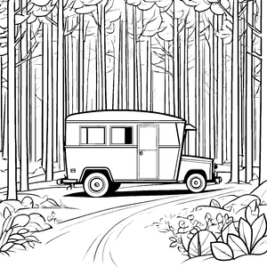 Gemütlicher Wohnwagen im Wald Ausmalmotiv für abenteuerlustige Entdecker