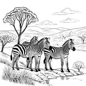Verspielte Zebra-Jungtiere am glitzernden Wasser Ausmalvorlage für neugierige Tierfreunde
