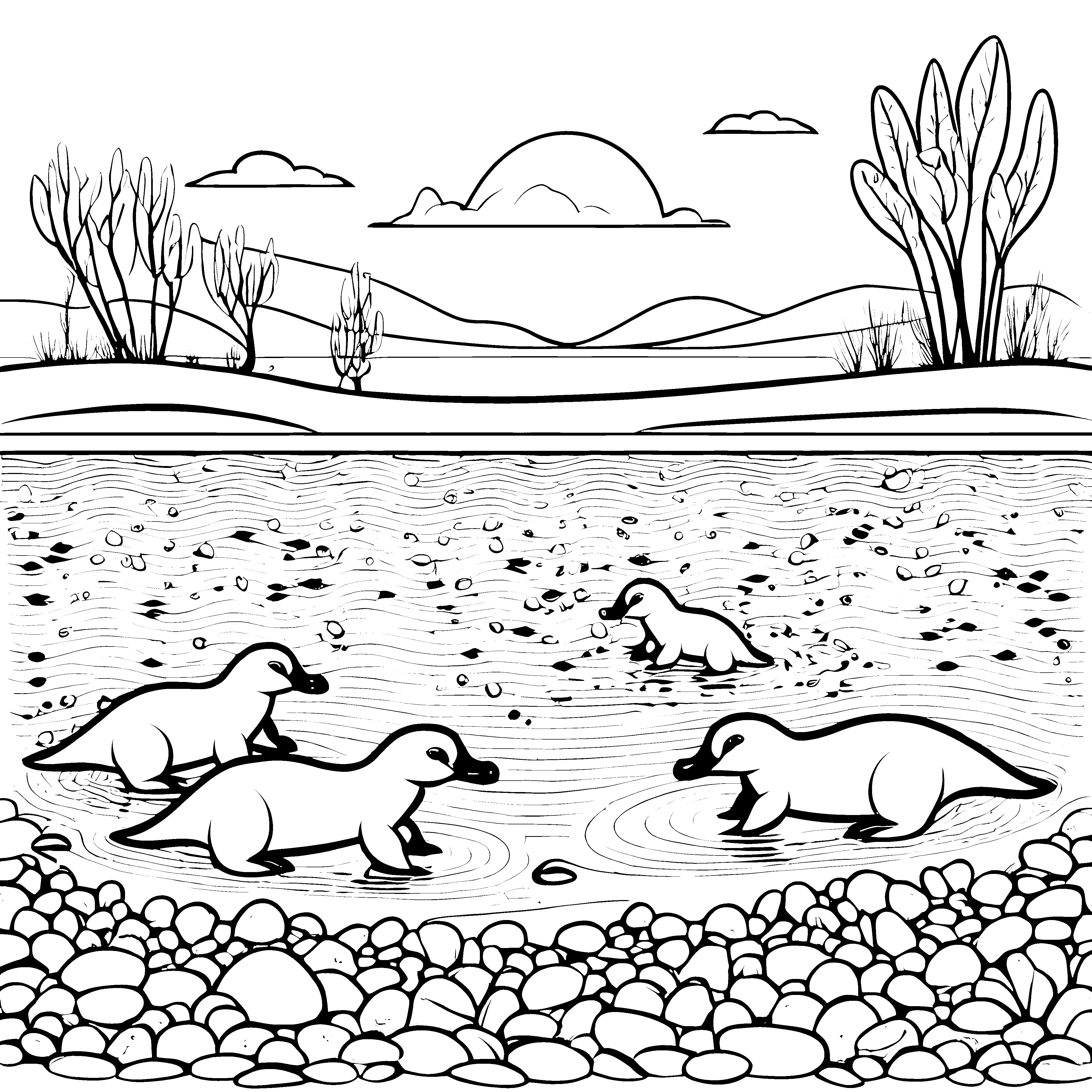 Süße Schnabeltier-Babys im spritzigen Wasser Ausmalbild für neugierige Tierfreunde