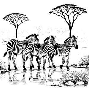 Zuckersüße Zebrajungtiere am glitzernden Wasser Ausmalvorlage für kleine Naturentdecker