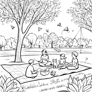 Schmusekatze mit fröhlichen Freunden beim Picknick Ausmalbild für kleine Entdecker