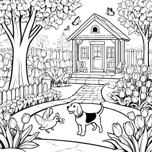 Beagle mit fröhlichem Vogel im bunten Garten Ausmalmotiv für neugierige Tierfreunde