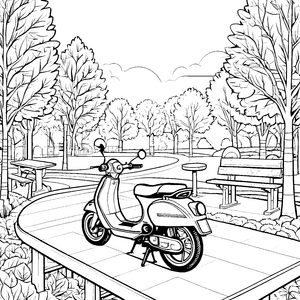 Schickes Moped auf kurvenreicher Parkstraße Ausmalbild für abenteuerliche Nachwuchsfahrer