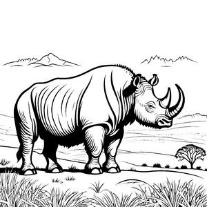 Imposantes Wollnashorn in der Savanne Ausmalbild für entdeckungsfreudige Künstler