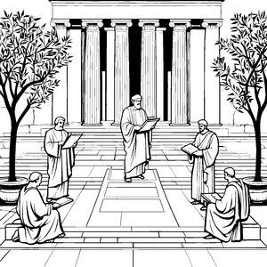 Fünf weise Denker im philosophischen Austausch Ausmalmotiv für begeisterte Wissensjäger