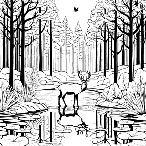 Majestätisches Reh am glitzernden Teich Ausmalbild für kleine Naturforscher