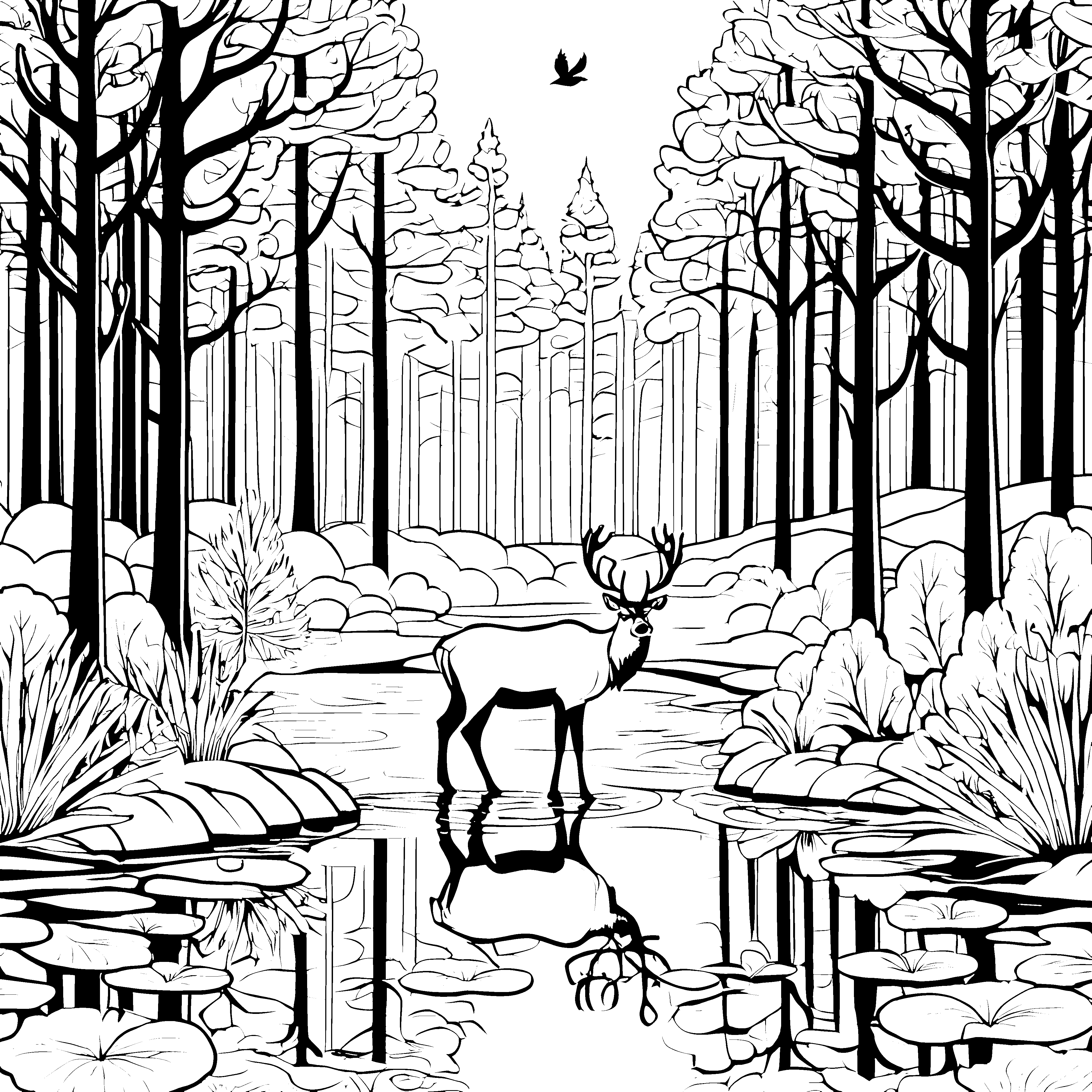 Majestätisches Reh am glitzernden Teich Ausmalbild für kleine Naturforscher
