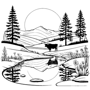 Majestätischer Stier am glitzernden Fluss Ausmalmotiv für kleine Naturfreunde