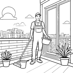 Strahlender Fensterputzer auf sonnigem Balkon Ausmalbild für fröhliche Handwerker