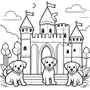 Spielende Welpen vor einem märchenhaften Schloss Ausmalvorlage für träumerische Hunde-Fans