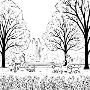 Fröhliche Momente im Park mit Hunden Ausmalbild für abenteuerlustige Tierfreunde