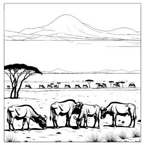 Grasende Gnus unter weitem Himmel Ausmalbild für neugierige Tierentdecker