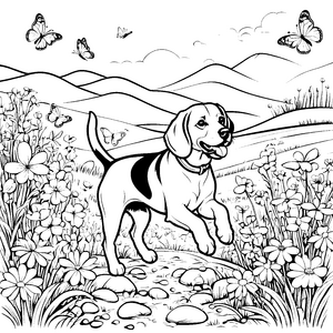 Begeisterter Beagle mit fliegenden Schmetterlingen Ausmalmotiv für kleine Naturfreunde