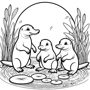 Schnabeltier-Babys beim fröhlichen Plantschen Ausmalvorlage für neugierige Tierfreunde