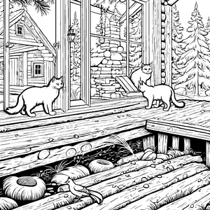 Norwegische Waldkatzen am gemütlichen Ferienhaus Malvorlage für abenteuerlustige Tierfreunde