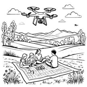 Spannende Drohne über fröhlichem Picknick Ausmalbild für abenteuerliche Entdecker