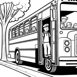 Lustiger Busfahrer mit fröhlichen Kindern Ausmalbild für kleine Verkehrsentdecker
