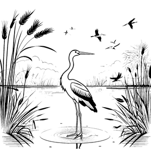 Eleganter Storch im leuchtenden Sumpf Malvorlage für neugierige Naturfreunde