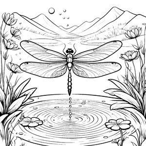 Schillernde Libelle über glitzerndem Teich Ausmalbild für junge Naturforscher