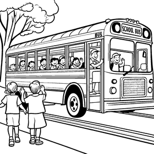 Begeisterter Busfahrer mit fröhlichen Schulkindern Ausmalbild für neugierige Entdecker