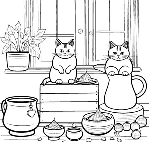 Grummelige Katzen bei der Teestunde Ausmalvorlage für kreative Stubentiger