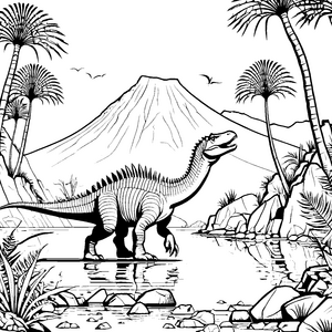 Majestätischer Spinosaurus am glitzernden Wasser Ausmalbild für abenteuerlustige Dinospezialisten