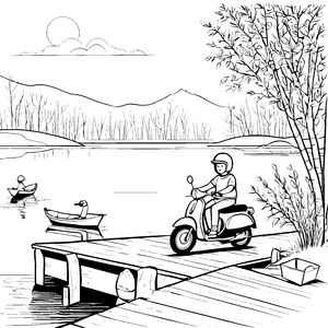 Spaßiges Moped am idyllischen Seeufer Ausmalbild für kleine Abenteuerlustige