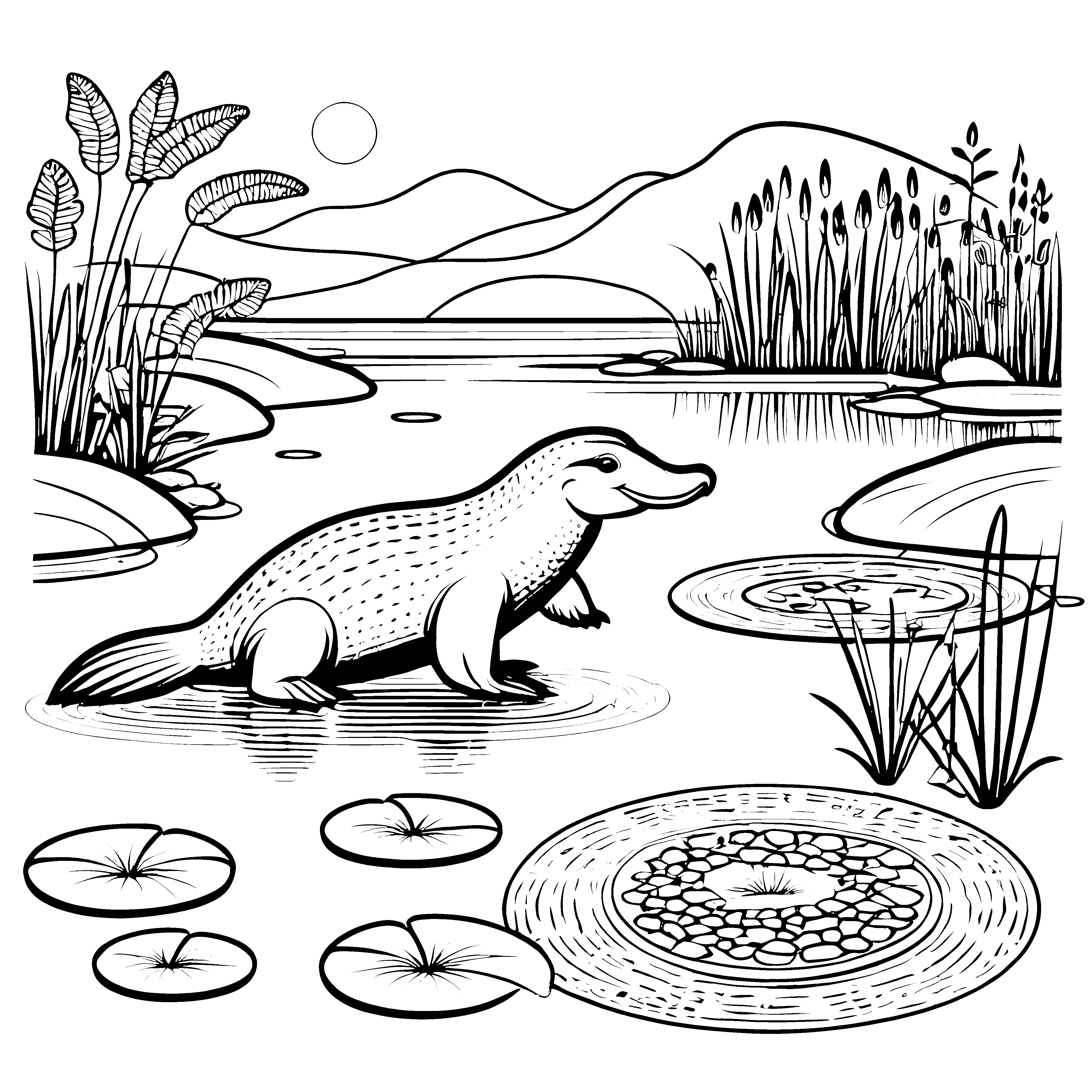 Erfreuliches Schnabeltier am sonnigen Ufer Ausmalmotiv für neugierige Naturforscher