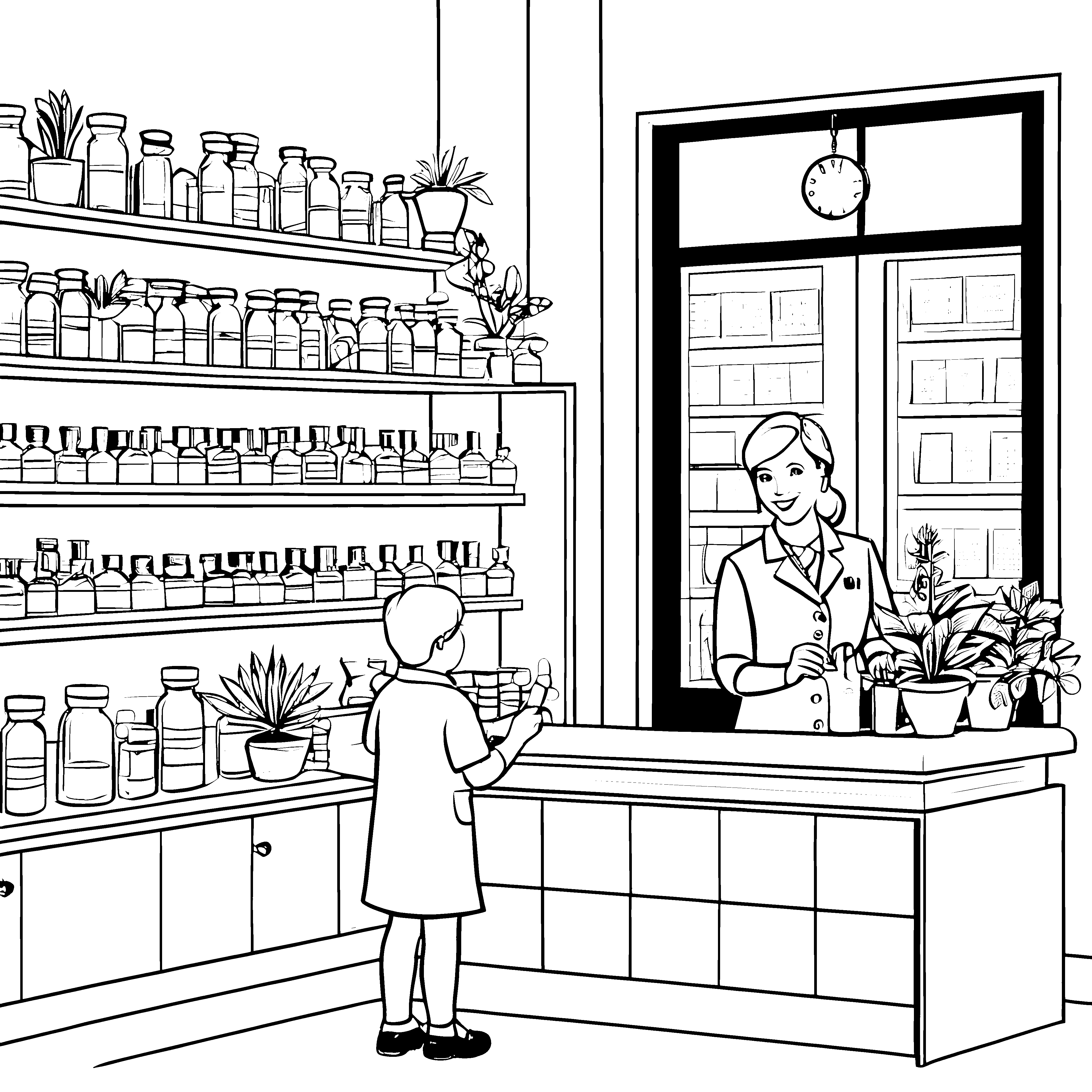 Freundliche Apothekerin berät neugierigen kleinen Helfer Ausmalvorlage für wissbegierige Entdecker