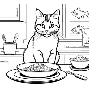 Witzige Katze genießt schmackhafte Mahlzeit Ausmalvorlage für hungrige Tierfreunde