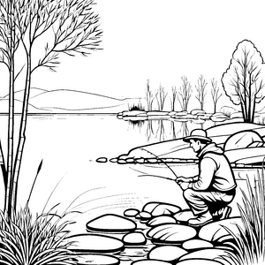 Fantasievoller Fischer am ruhigen See Ausmalbild für abenteuerliche Naturentdecker
