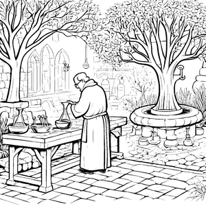 Geheimnisvoller Alchemist im magischen Garten Ausmalbild für zauberhafte Tüftler