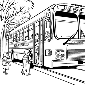 Lustiger Busfahrer mit fröhlichen Fahrgästen Ausmalbild für abenteuerlustige Entdecker