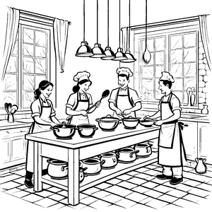 Fröhliche Küchenteams bei der Zubereitung leckerer Gerichte Ausmalvorlage für junge Küchenchefs