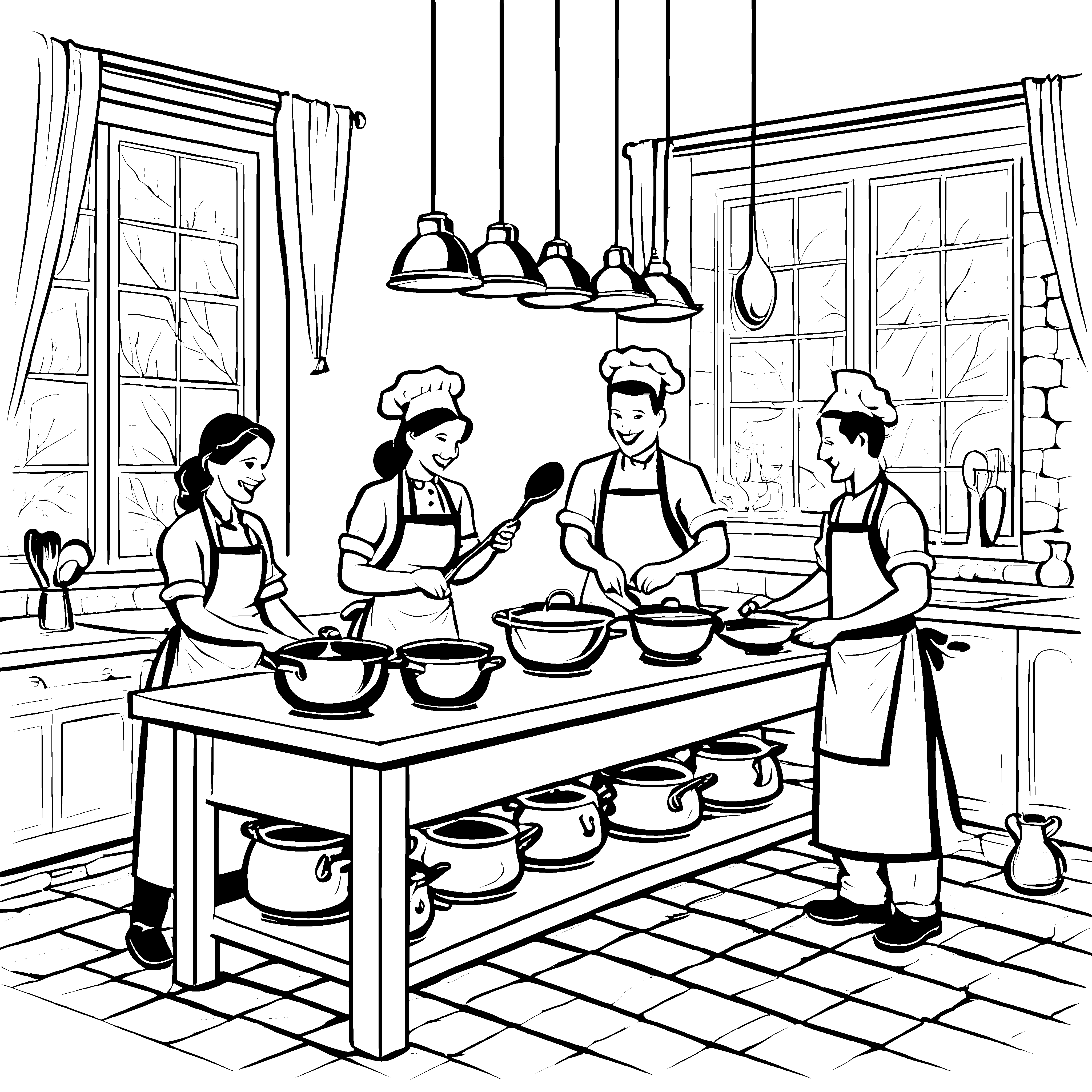 Fröhliche Küchenteams bei der Zubereitung leckerer Gerichte Ausmalvorlage für junge Küchenchefs