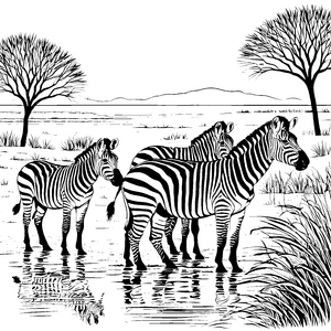 Zebras beim Spielen im schimmernden Wasser Ausmalvorlage für kleine Naturforscher