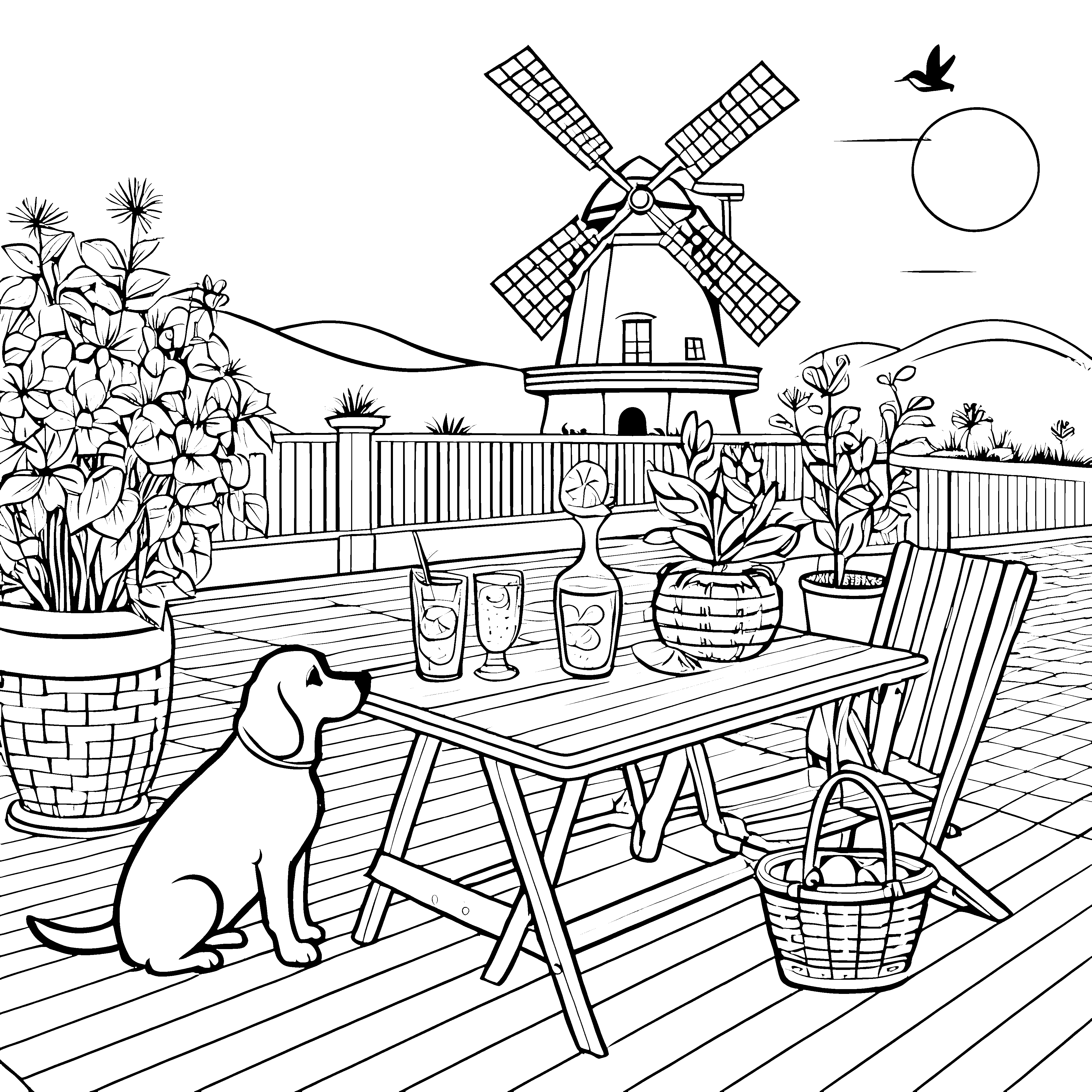 Erfrischende Cocktails auf der sonnigen Terrasse Ausmalvorlage für fröhliche Entdecker
