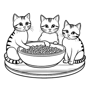 Schmausende Katzenfreunde um ihre Futterschüssel Ausmalbild für hungrige Entdecker