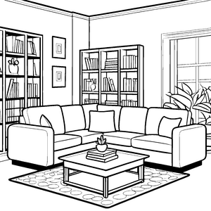 Harmonisches Wohnzimmer mit gemütlichem Sofa Ausmalmotiv für kreative Raumgestalter