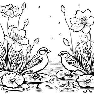 Verspielte Vögel beim Spritzbad Malvorlage für kleine Wasserliebhaber
