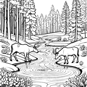 Majestätische Stiere am glitzernden Fluss Ausmalbild für abenteuerlustige Tierfreunde