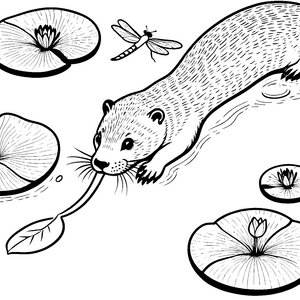 Verspielter Otter mit Wasserlilien und Abenteuern Malvorlage für kleine Naturfreunde