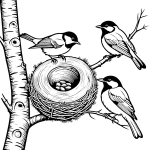 Nest mit bunten Eiern und fröhlichen Vögeln Ausmalbild für kleine Naturforscher