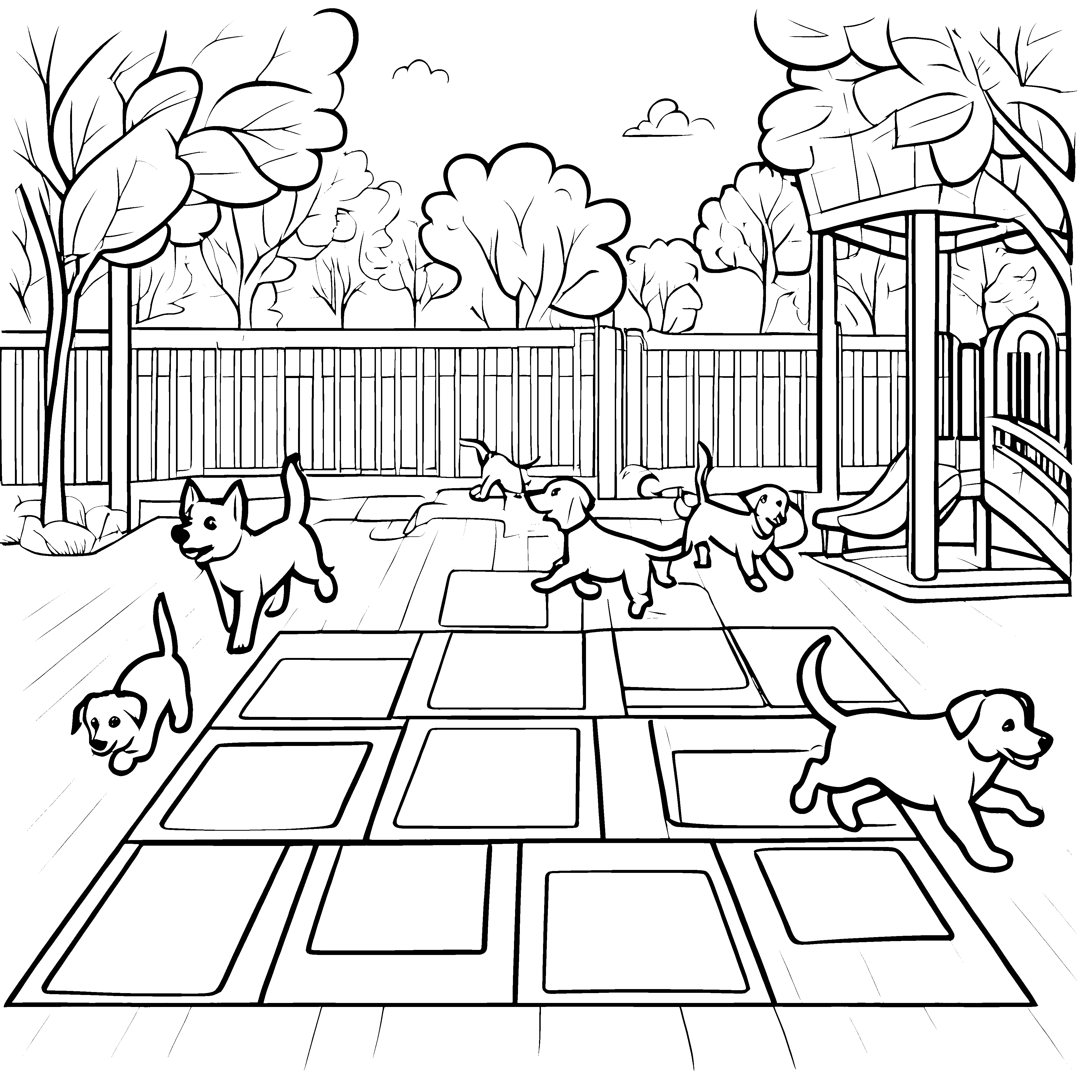 Lebhafte Welpen beim Spielen im Garten Ausmalbild für junge Tierfreunde