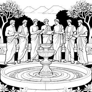 Philosophische Gedankenrunde am historischen Brunnen Ausmalbild für junge Ideenfinder