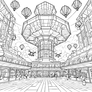 Schwebende Abenteuer in der futuristischen Stadt Malvorlage für kreative Visionäre